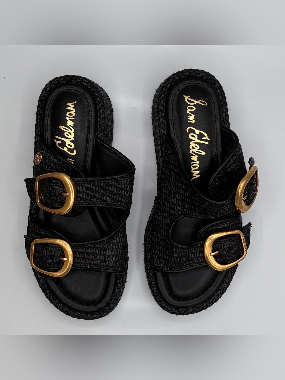 Sam Edelman Nerissa Two-Strap Platform Sandals Gold Buckles sz7 Slide On Black